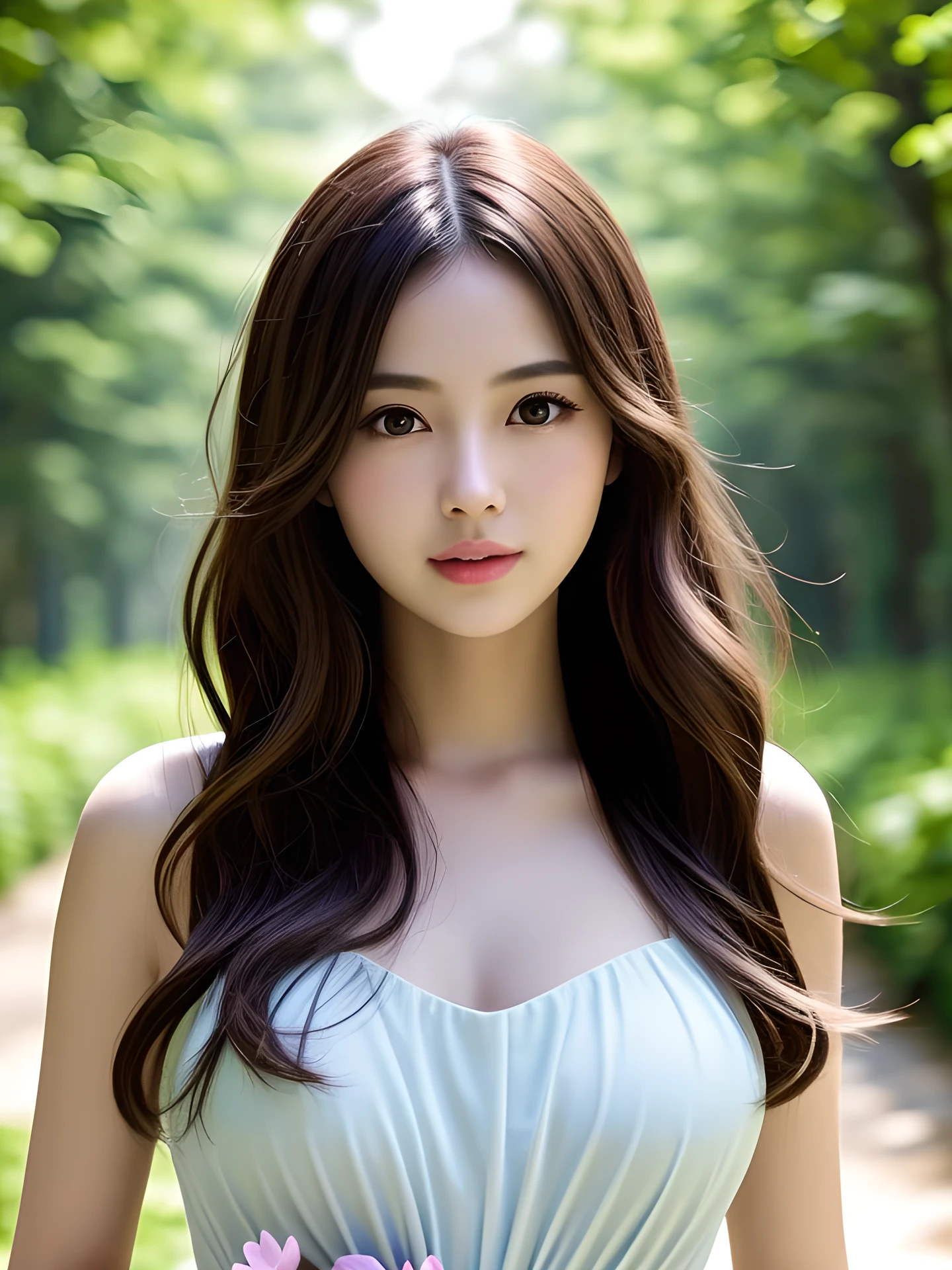 masterpiece, highest quality, High resolution, wallpaper, realistic, (bright lighting:1.4), professional lighting, face light, smooth lighting, japanese girl, full body, cute, open mouth to say something, shy, holding a beautiful large bouquet of flowers in front of her chest, Beautiful girl, gravure, sexy, super beautiful, beautiful skin, beautiful and detailed eyes、detailed face、slim、moderately, long wavy hair, brunette colored hair, brown eyes, (looking away:1.4), Summer Dresses, The morning sunlight shines through the misty forest path.