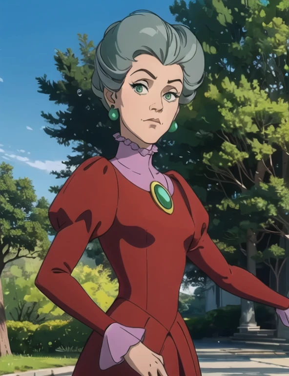 tremaine, 1woman, old woman, adult body, green eyes, grey hair, large hair,eyeshadow,red dress, puffy long sleeves, green gem, small earrings, frills, looking at viewer, serious, standing, outside, park, trees, blue sky, high quality, masterpiece, 