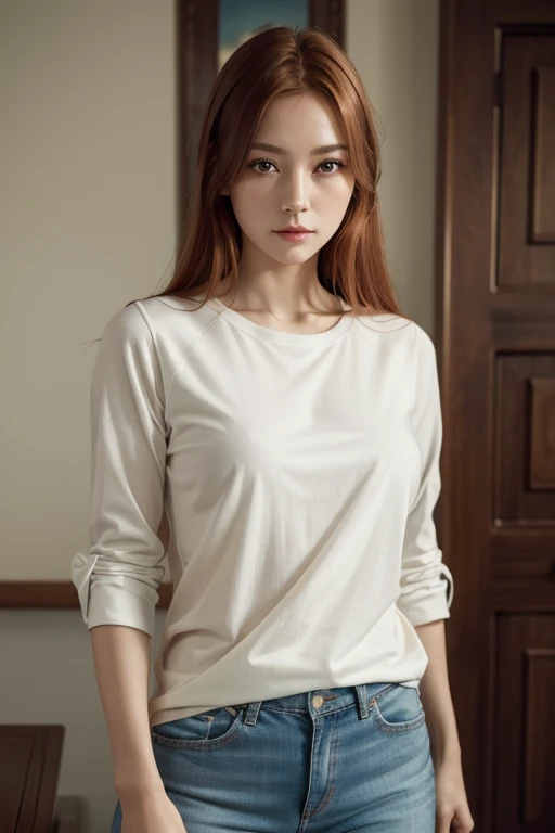 masterpiece、Browsing Caution, super high quality、Crystal Clear、RAW UHD Format、Droopy eyes、High resolutionの光る目、Feminine body shape, Redhead, highest quality, shirt, close, Realistic skin texture, Photo shoot, Detailed facial features, Film grain and high contrast, 非常にHigh resolutionの詳細, Photo realistic, Surreal, High resolution, masterpiece.