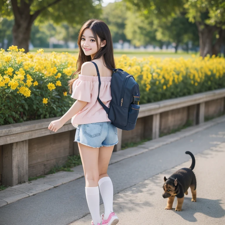 Highest quality,Shot from behind、,Face towards the viewer、Very attractive with a backpack, (((Standing and playing with a cute puppy))), Enjoy a lovely spring outing surrounded by beautiful yellow flowers and natural scenery. 1 girl,Cute face,smile,Off the shoulder、tight shorts、Knee socks、,Pink sneakers,The illustrations are in high resolution with 4K resolution.,  girl with highly detailed facial features,Perfect hands,Perfect legs,