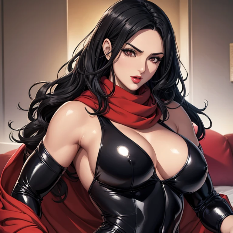 Beautiful 40-year-old woman with wavy black hair, scarf, muscular body, perfect breasts, black latex suit, tender face, cheerful red lips, drawn in jojo style, bizarre adventure 