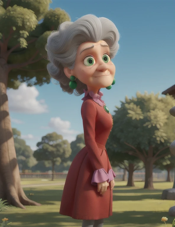 tremaine, 1woman, old woman, adult body, green eyes, grey hair, large hair,eyeshadow,red dress, puffy long sleeves, green gem, small earrings, frills, looking at viewer, serious, standing, outside, park, trees, blue sky, high quality, masterpiece, 