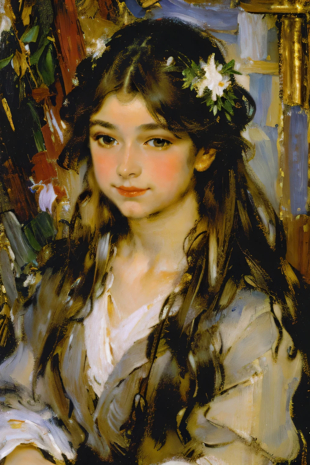 best quality,ultra-detailed,traditional oil painting:1.2,portrait,light and shadow,rich colors,long flowing hair,delicate facial features,gentle expression,masterpiece:1.2,girl, vibrant color, attire,classical background,holding flowers,harmony and balance,vibrant colors,soft lighting,subtle brush strokes, renoir style