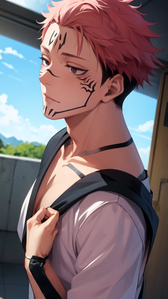Man Adults, gay French kiss, Itadori Yuji , and Ryomen Sukuna, anime Jujutsu Kaisen, pink hair, short hair.