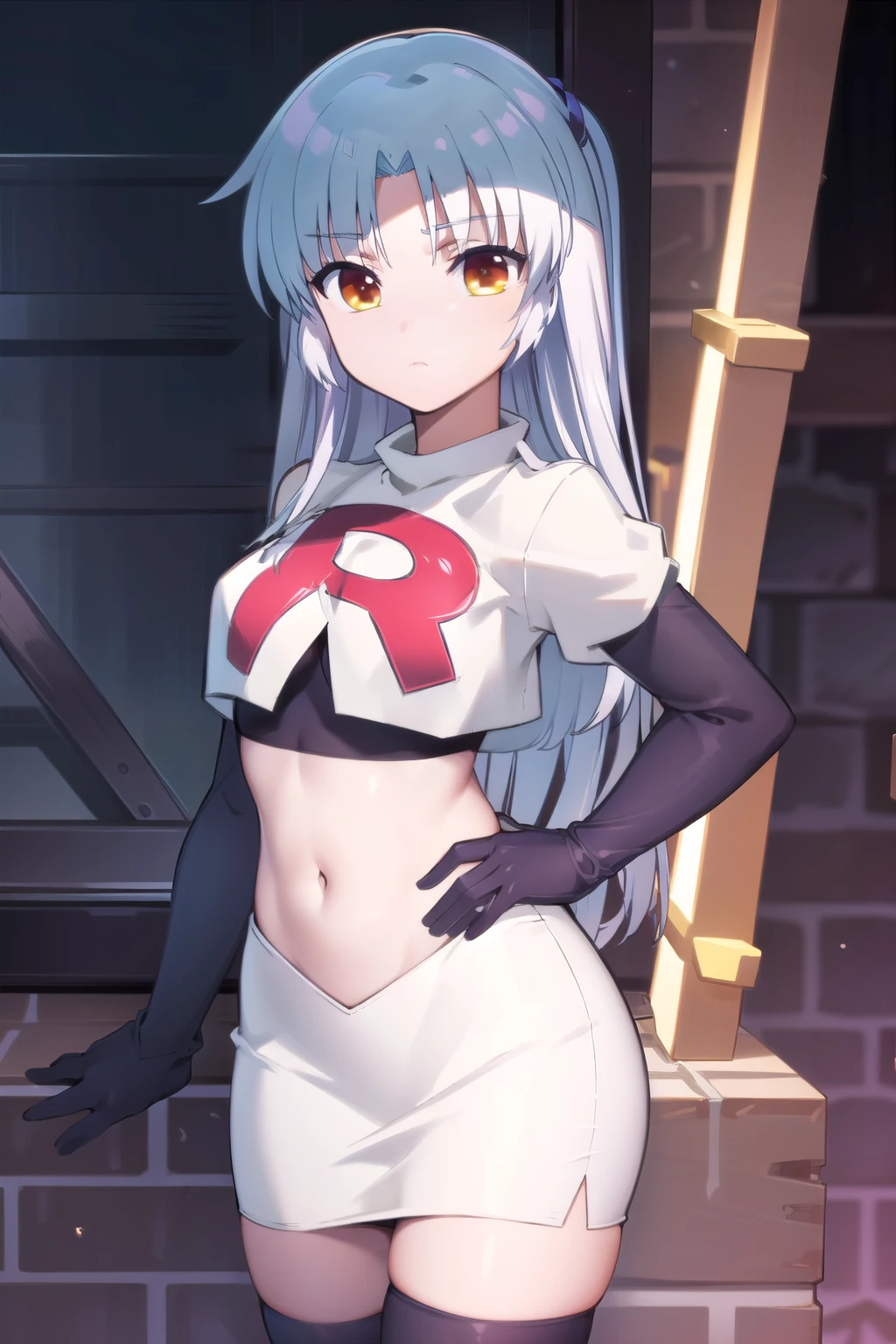 (((pixel-perfect, detail-perfect))), solo, 1girl, kanade tachibana, , looking at viewer, team rocket,team rocket uniform,white skirt,red letter R,crop top,black thigh-highs,black elbow gloves