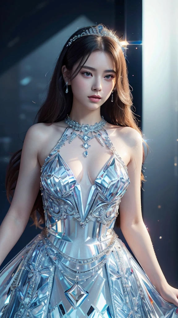 4K Ultra HD, masterpiece, 1 girl in a beautiful crystal dress, Beautiful Face, Fine grain, Detailed Hair, Glossy Lips, Medium chest, Crystal Dress Blue, Strap Dresses (Shiny Dress:1.5), Background of the legend, Dark Shadows, 3D Blur Background, Attractive pose,