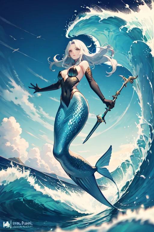 Mermaid-human hybrid holding a weapon on the blue ocean wave with a green sky in the background