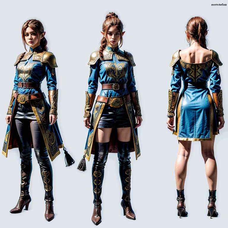 a closeup of a person dressed in a blue and brown suit, aliento de lo salvaje style, OTW style, aliento de lo salvaje art style, OTW, detailed arte conceptual de cuerpo completo, zelda OTW, zelda aliento de lo salvaje, aliento de lo salvaje, arte conceptual de cuerpo completo, concepto detallado de cuerpo completo, arte conceptual de personaje de cuerpo completo, arte conceptual del personaje completo, (hyperrealistic image), (masterpiece), beautiful face, freckles, Shoulder-length blonde hair, tied at the nape of the neck with a very small ponytail., his leather armor and belts are intricately detailed, light blue eyes, 16 years old, hyper-detailed, 8K