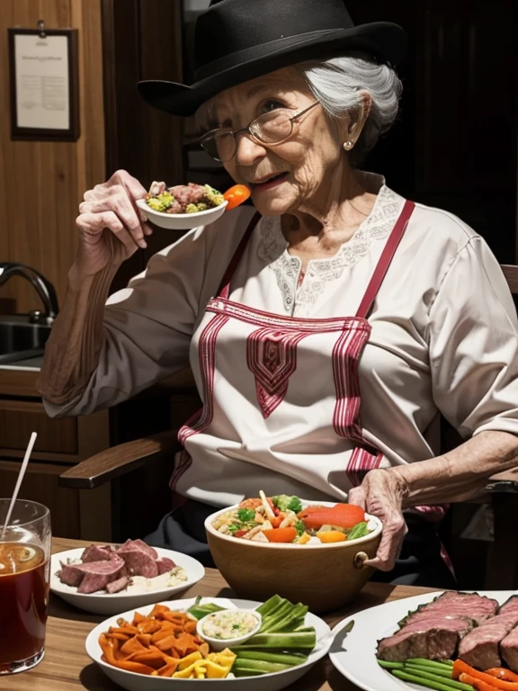100-year-old woman munches on meat and vegetables