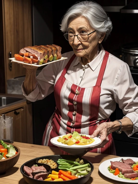 100-year-old woman munches on meat and vegetables