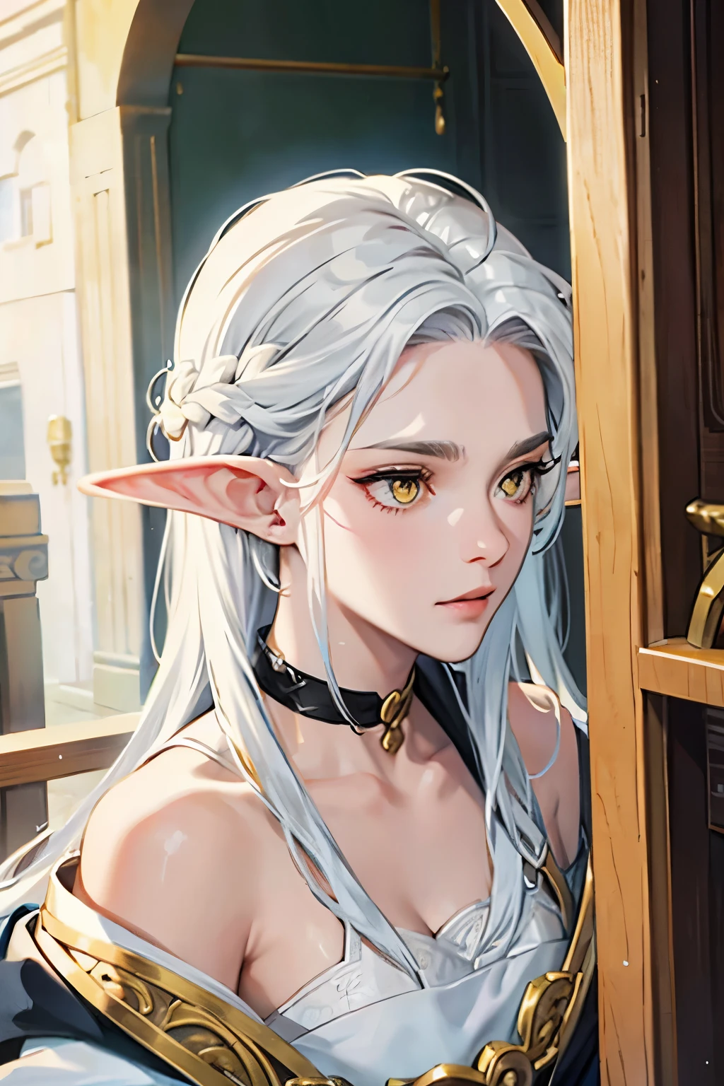 a beautiful elf with silver hair, yellow eyes, elf ears, white skin, big bust, sensual, looking furiously at you (pov)