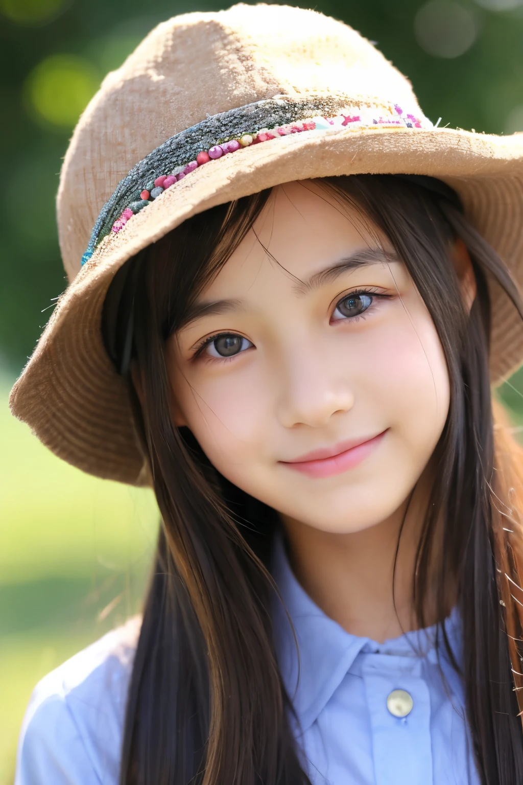 13 years old。smile、Beautiful eyes、Beautiful colored clothes、hat