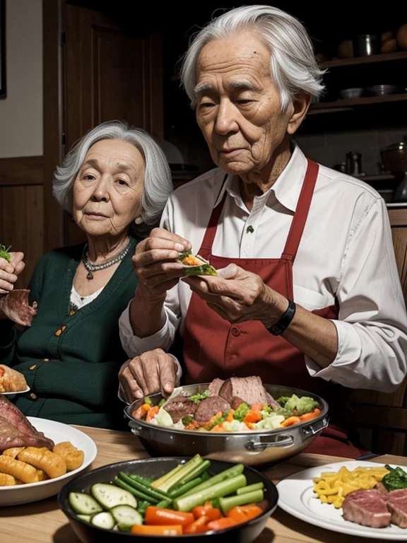 100-year-old grandparents munching on meat and vegetables