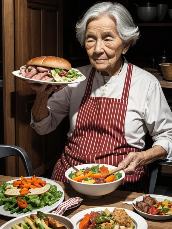 100-year-old grandparents munching on meat and vegetables