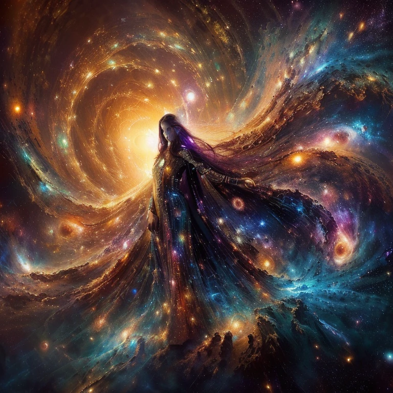 a woman in a long dress is standing in front of a spiral galaxy, birth of the universe, galactic entity, surreal space, portrait of a cosmic entity, cosmic entity, beautiful cosmic neural network, space art, majestic interstellar portal, subterranean galaxy, nebula explosion, subterranean sprawling galaxy, in the astral plane ) ) )