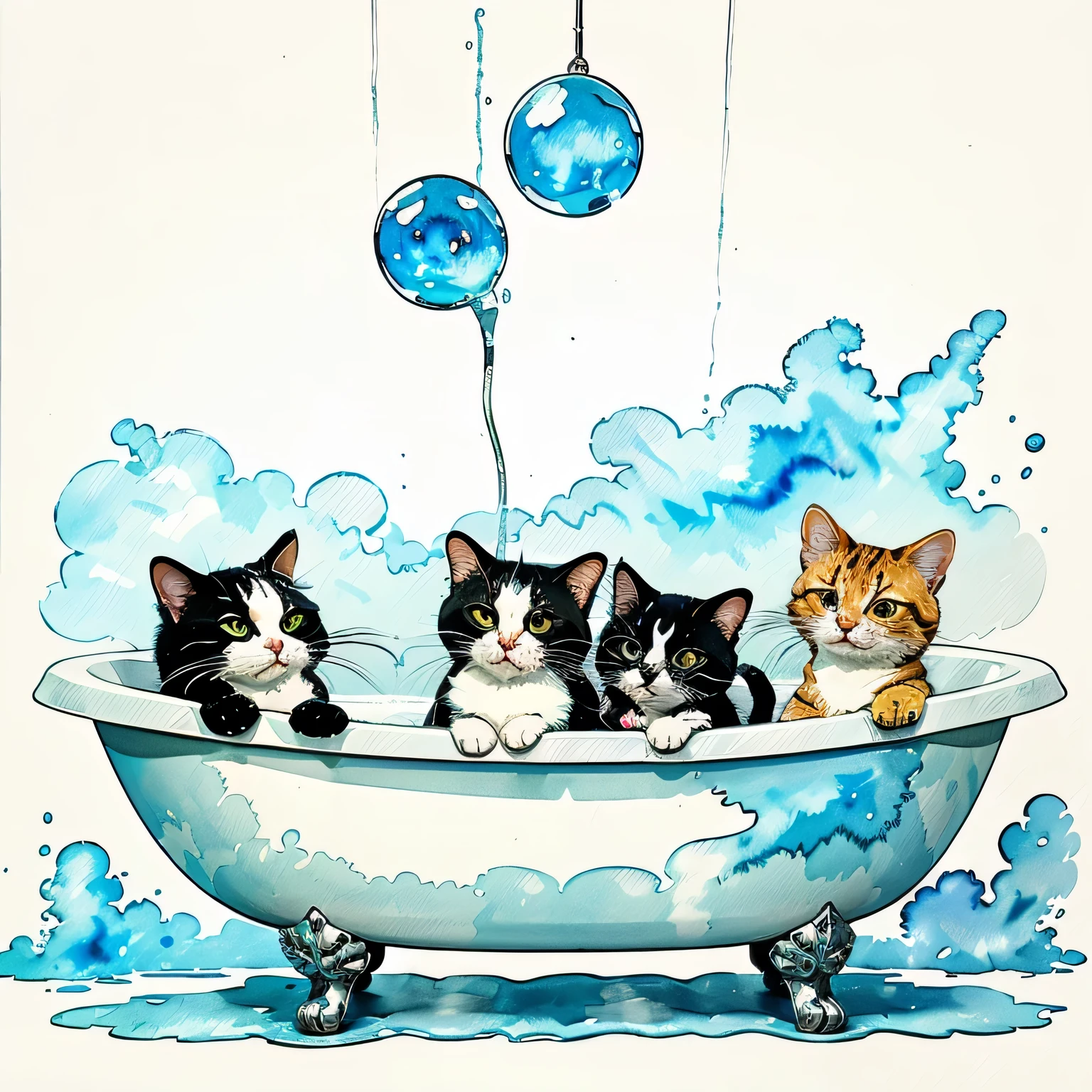 The bathtub needs white bath bubbles, more cats, and a shower head on top