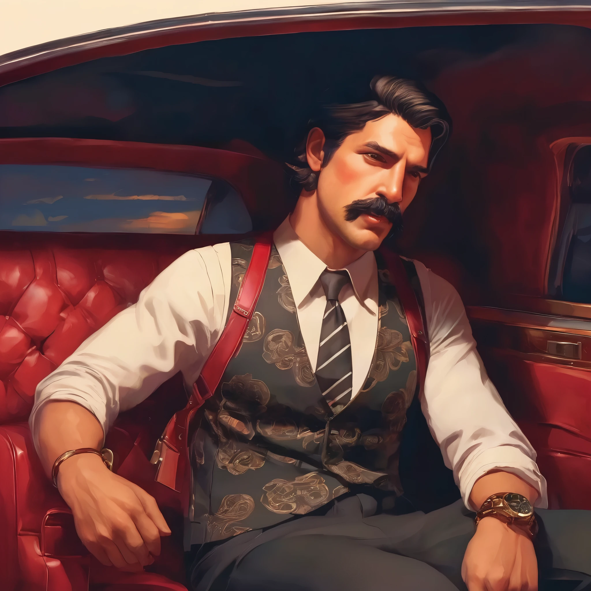 (obra maestra, Mejor calidad:1.2), 1 chico, solo, thenahualli, inside a limousine, serious, dangerous man, elegant, elegante, wearing a suit, vest, red shirt, sit