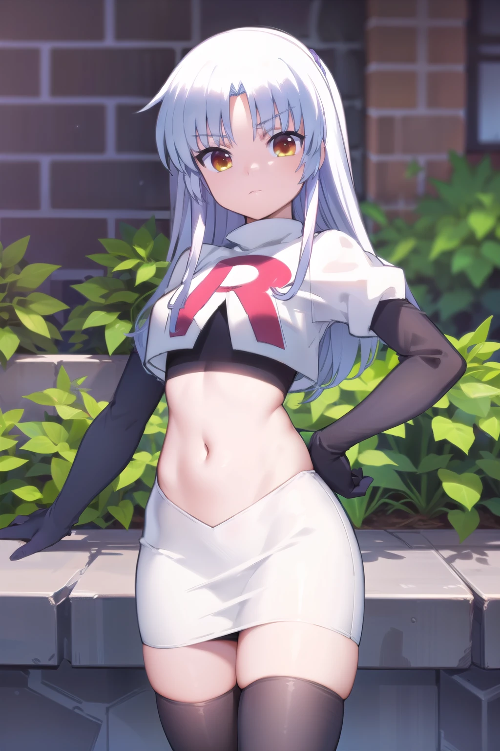 (((pixel-perfect, detail-perfect))), solo, 1girl, kanade tachibana, , looking at viewer, team rocket,team rocket uniform,white skirt,red letter R,crop top,black thigh-highs,black elbow gloves