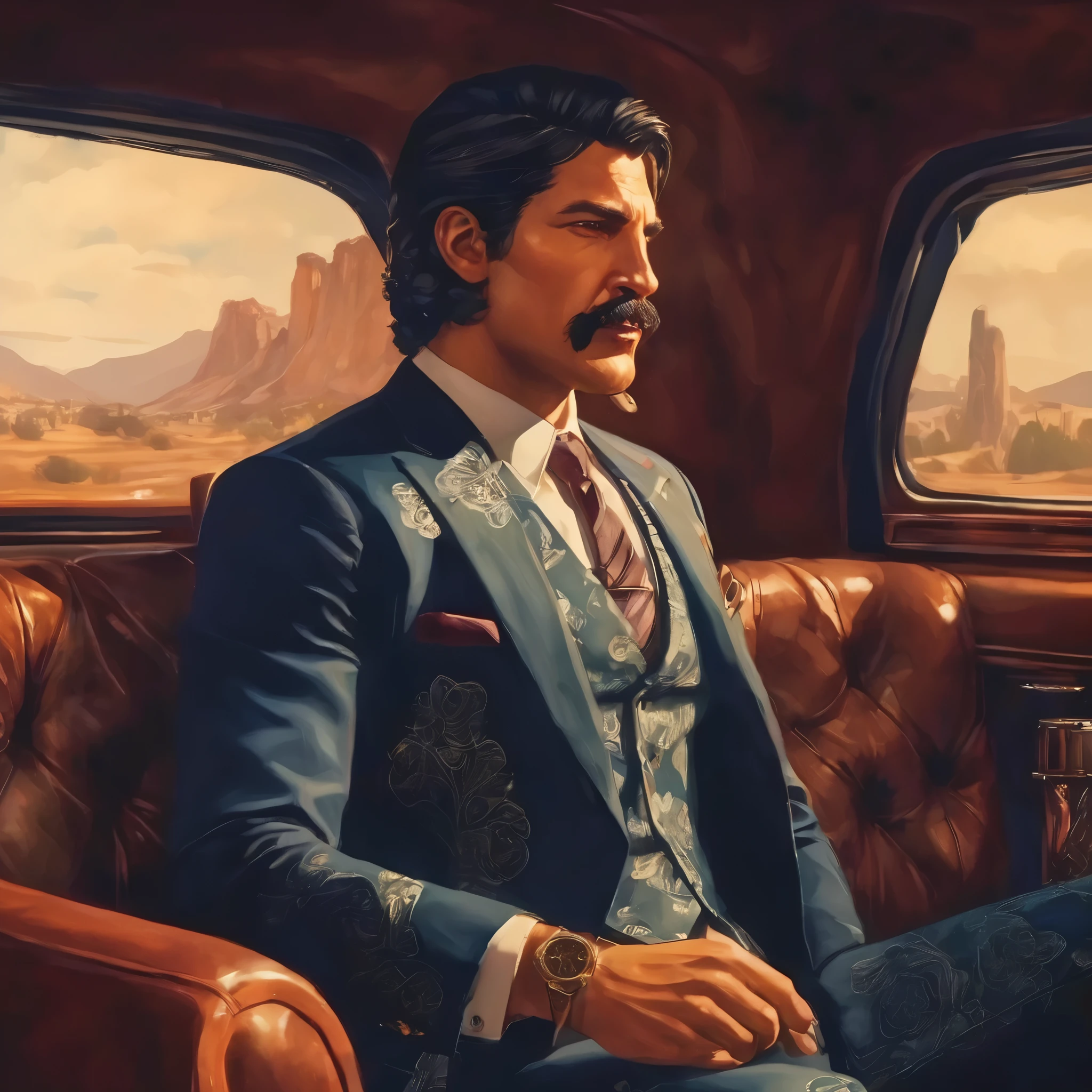 (obra maestra, Mejor calidad:1.2), 1 chico, solo, thenahualli, inside a limousine, serious, dangerous man, elegant, elegante, wearing a suit, vest, sit