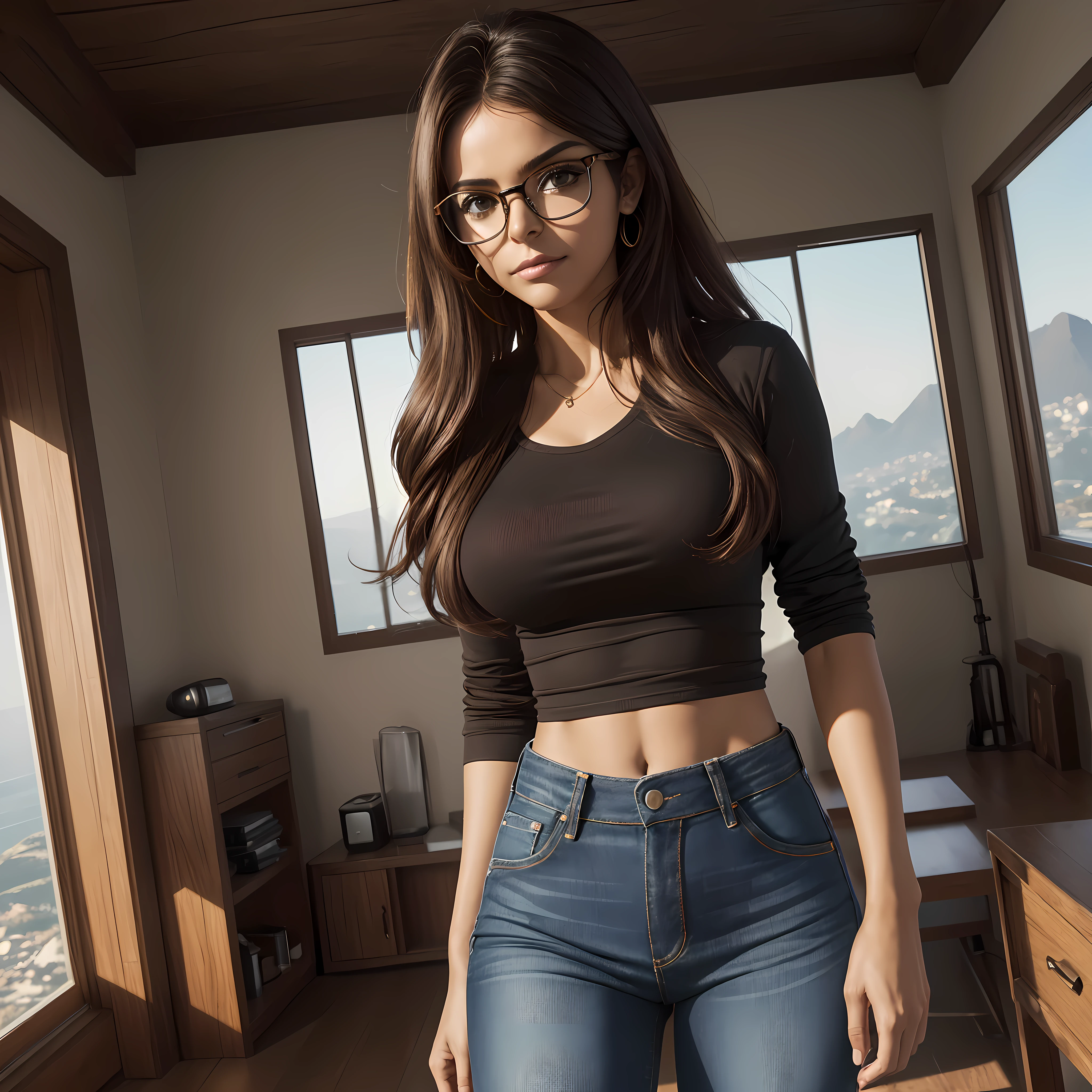 (Melhor qualidade), (Ultra Hd), (Imagem Inteira), (Scenery in a room), (Mulher Magra), (Pele Branca), (Brown and medium-sized hair), (Postura Reta), (With a pair of dark jeans), (Blusinha), (With a pair of glasses on his face).