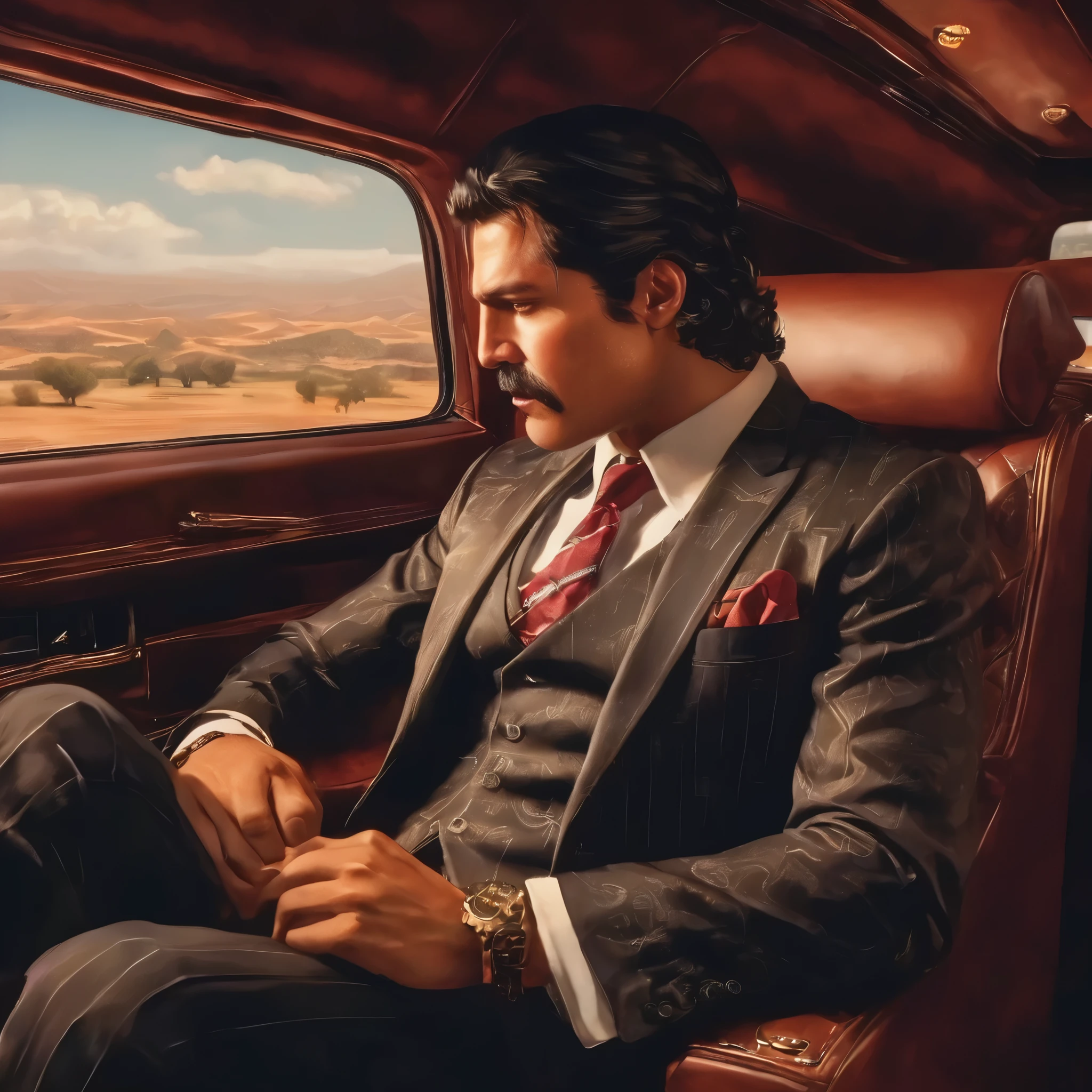 (obra maestra, Mejor calidad:1.2), 1 chico, solo, thenahualli, inside a limousine, serious, dangerous man, elegant, elegante, wearing a suit, vest, sit