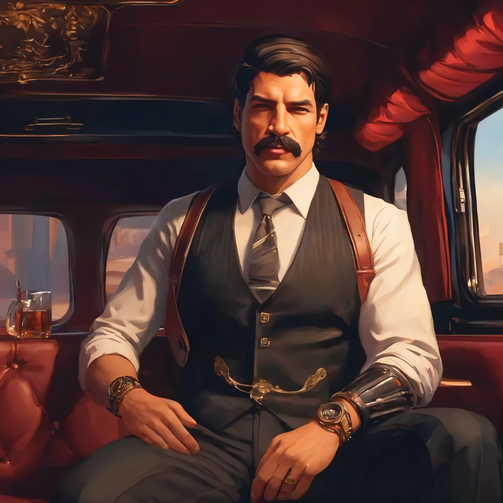 (obra maestra, Mejor calidad:1.2), 1 chico, solo, thenahualli, inside a limousine, serious, dangerous man, elegant, elegante, wearing a suit, vest, sit