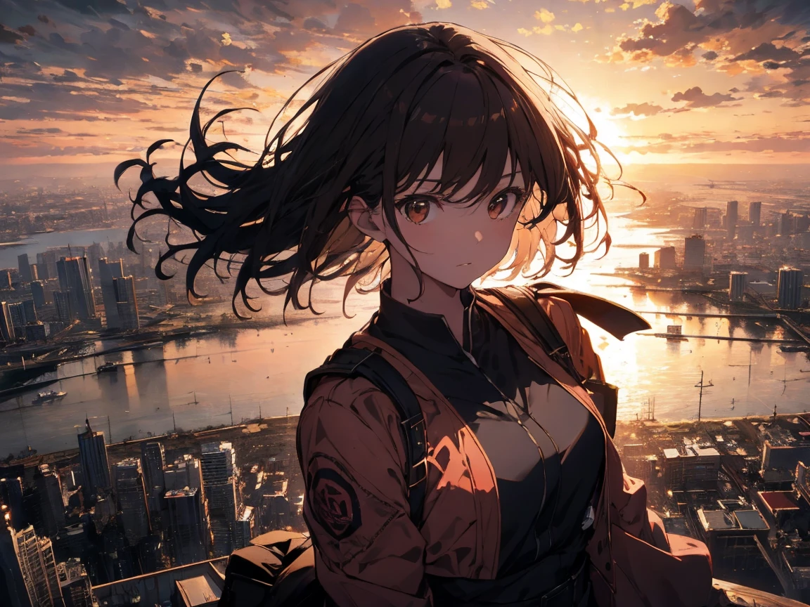 Brown Hair、Floating Hair、Medium Hair、Conceptual Art、anime、Chiaroscuro、Wide Shot、From above、Ultra-high resolution、masterpiece、correct、highest quality、 the wind is strong, sunset