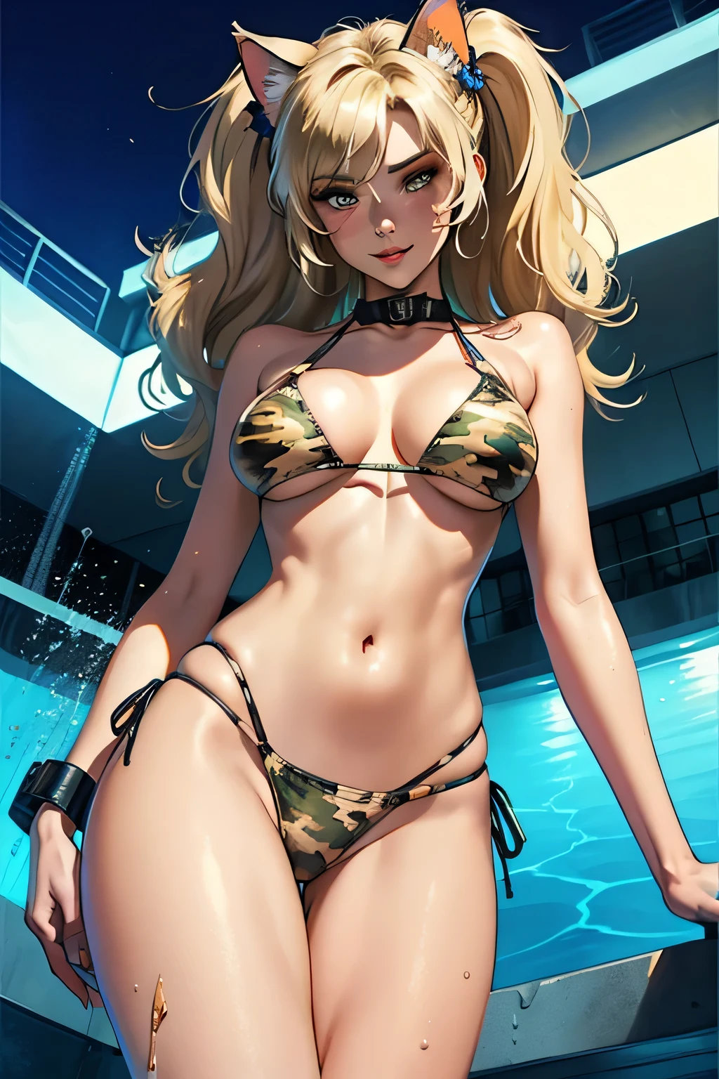 ((highest quality)), ((masterpiece)), (be familiar with), (High definition), 8K, Perfect Face, Two blonde women with cat ears, tall, 2 Blonde cat ears, 2. Long Hair, 2. Volumetric hair style, (smile), (Large Breasts), Cleavage, Narrow waist, Big Ass, glamorous, Alluring, ((Desert Camouflage, Bikini Swimwear)), (A futuristic night pool), Glowing neon sign, ((In the pool)), Cinematic, Best Shadow, Side lighting, NEO TOKYO, (cowboy shot:1.1), ((View from directly below)), (crotch peek)