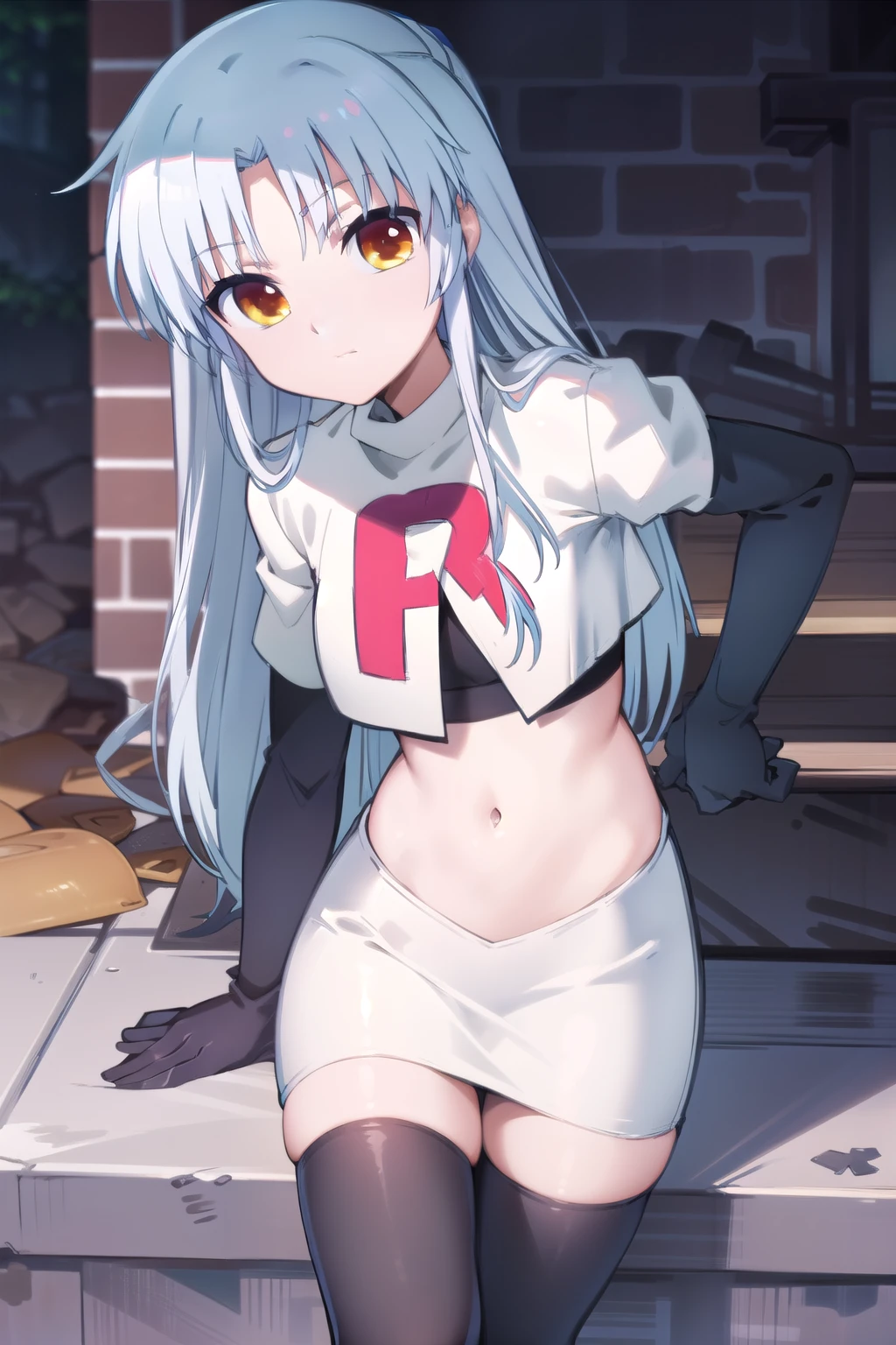 (((pixel-perfect, detail-perfect))), solo, 1girl, kanade tachibana, , looking at viewer, team rocket,team rocket uniform,white skirt,red letter R,crop top,black thigh-highs,black elbow gloves