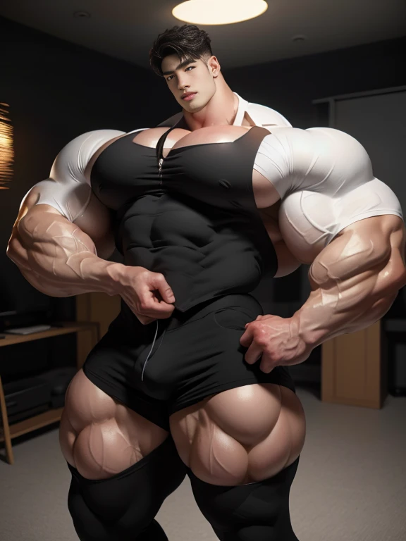 (best quality:1.5, hyperrealistic:1.5, photorealistic:1.4, madly detailed CG unity 8k wallpaper:1.5, masterpiece:1.3, enthusiastically detailed photo:1.2), (hyper-realistic lifelike texture:1.4), highly detailed, ((masterpiece, best quality)), retouched, extremely detailed 8K wallpaper, 1 korean male, (korean man with k-pop idol look), 20yo, looking at viewer, handsome, big guy, hyper muscle, giant muscular bodybuilder, bulk, massive body, large size, posing, stubble, sexy and hot, innocent, wearing stylish armor and cargo pants, photo real, illuminating light, indoor, cyberpunk theme