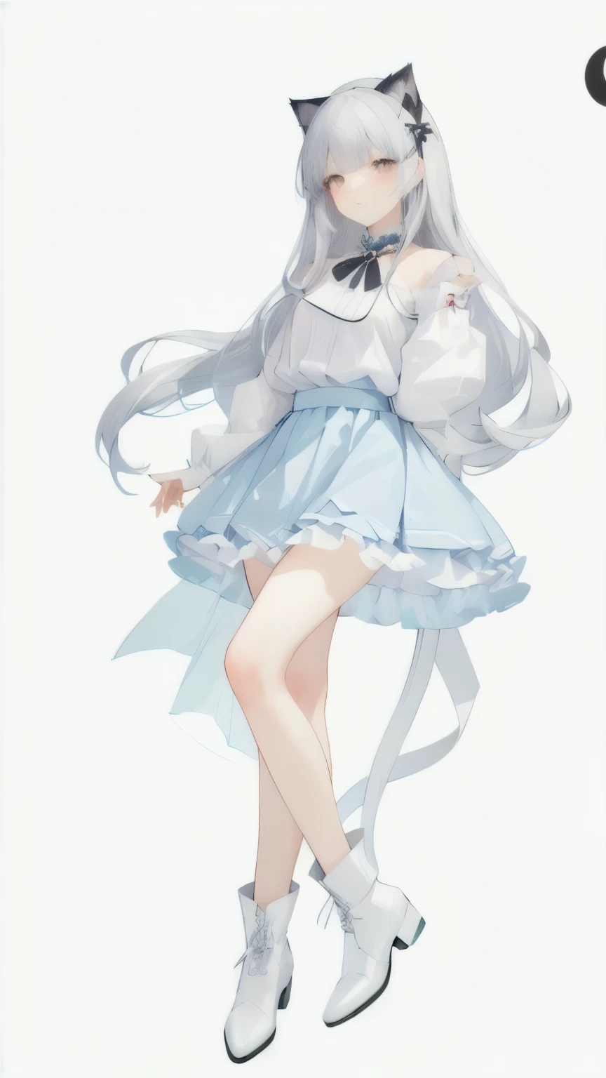 Close-up of a man wearing a skirt and boots,Character Design，Character portrait，Whole body，Standing，A girl on gray background，Seventeen，Gentle personality，Silver long hair，Black cat ears，Cat&#39;s Tail，Bow Hairpin，blue grey eyes，（（Black and white skirt）），Collar， Anime full body illustration, pretty Anime character design, Single character full body, High-quality anime art style, Adaptable personality, Suitable for whole body, Anime character design, High quality character design, Clear clothing design, Star witch clothes,  Official character illustrations, Shoujo manga character design
