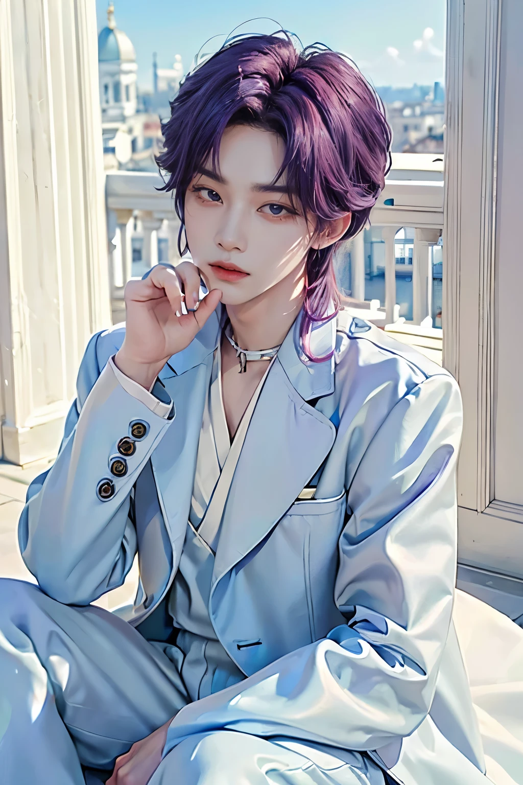 masterpiece、(de primera calidad)、((calidad de imagen de alto nivel))、Un chico varonil、cuerpo delgado、((prince suit in light blue and white colors.))、(Hermosos ojos detallados)、Fondo de palacio、sentado en el trono、Cara similar a Kim Seokjin de BTS、((pelo corto encima de las orejas y de color morado con rayitos rosa))、((smaller face))、((cara amigable))、((Pelo morado y ojos rosa))、((chico coreano))、((38 years))、((hombre guapo))、((mirada dulce))、((maquillaje coreano))、((ojos grandes y tiernos))、((Sit facing the viewer))、((Fotografiarlo desde lejos))