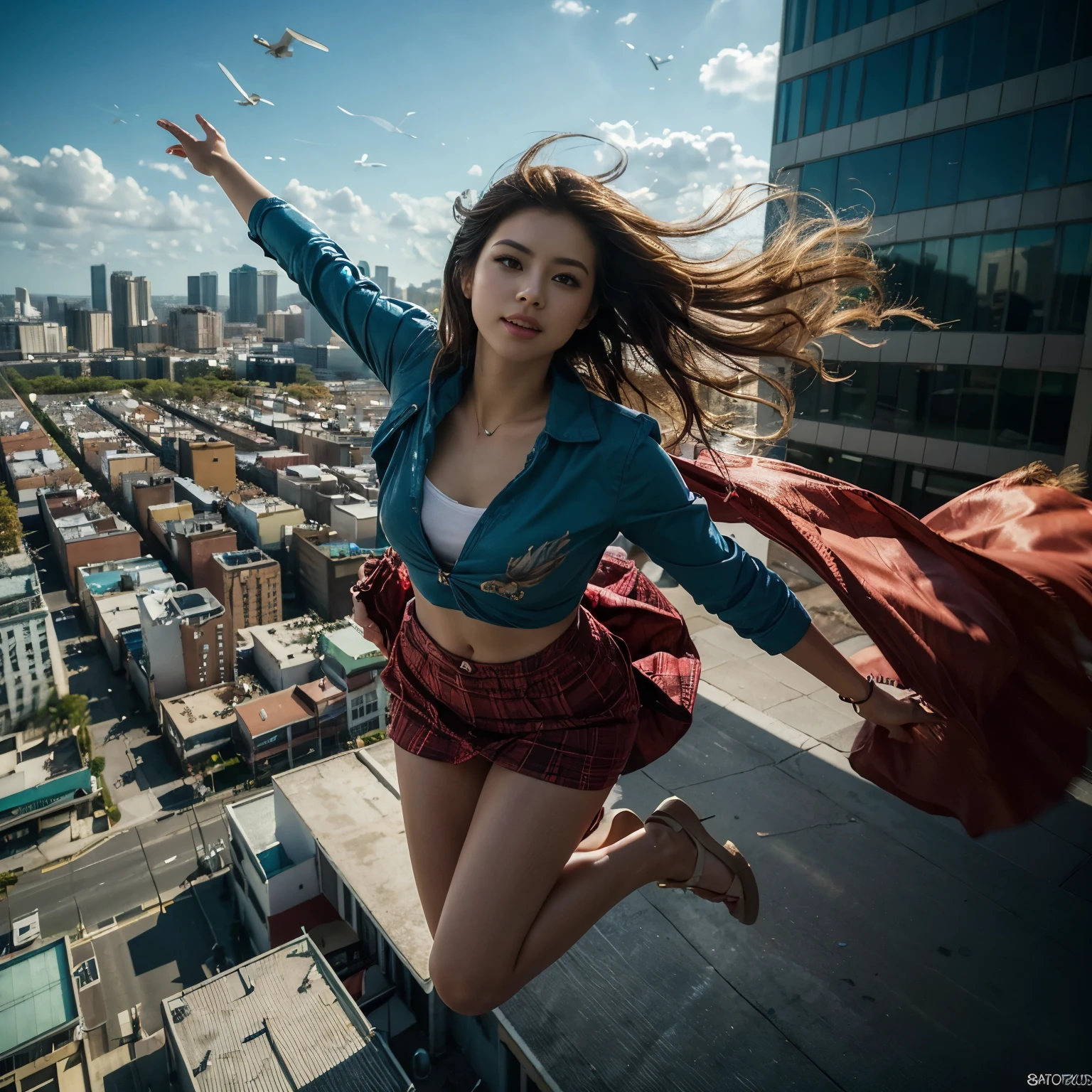 A woman with the supernatural power to fly、(Soaring above the big city:1.6)、(Hair blowing in the wind and clothes fluttering in the wind:1.3)、Charming smile、Distinctive and attractive costumes、Speed、Refreshing feeling、Dynamic pose、Shot from a dynamic angle、mynatalee women 、 (highest quality、4k、8k、High resolution、masterpiece:1.2)、Super detailed、(Real、Photorealistic、Photorealistic:1.37)、HDR、Bright colors、Full Body Shot、Sharp focus、Studio Lighting、anime、Bright colors