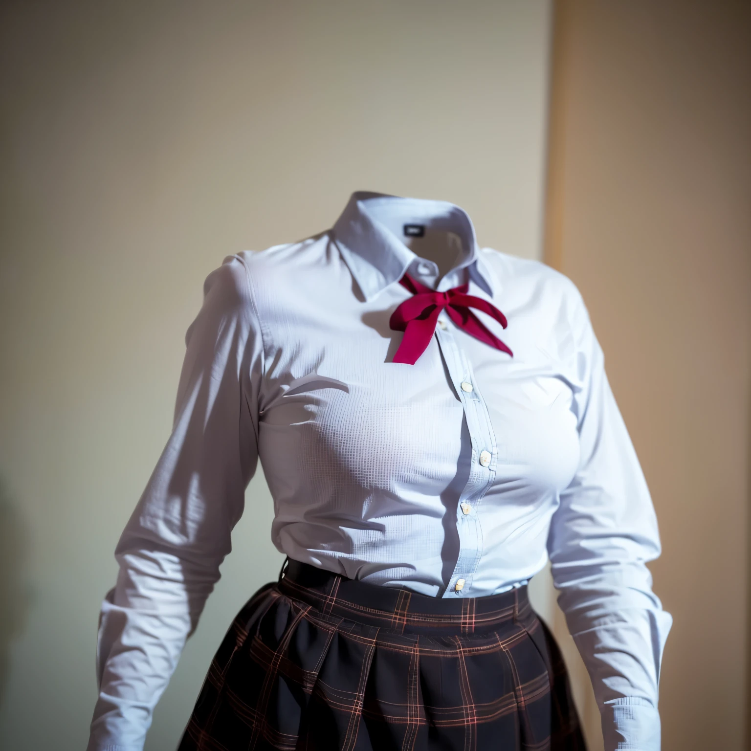 school blouse, plaid skirt, ribbon on the neck, lean to backward, from above, cute big breasts, (invisible, no human, headless, handless:1.5), (8k, RAW photo, best quality, masterpiece:1.2), (realistic, photo-realistic:1.37), photon mapping, radiosity, ((Hasselblad photography)), physically-based rendering

