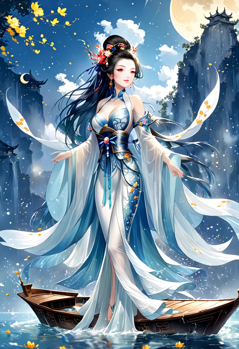 Anime girl in a white dress floating a boat in the water，Fantasy，Moon Goddess，Beautiful fantasy queen,  by Yang J, Chinese Fantasy，Beautiful girl，Sea Queen Mu Yanling，Moon Goddess，Moon Goddess，Flowing magic robe，Beautiful fairy wizard, by Leng Mei, ((a beautiful fantasy empress))