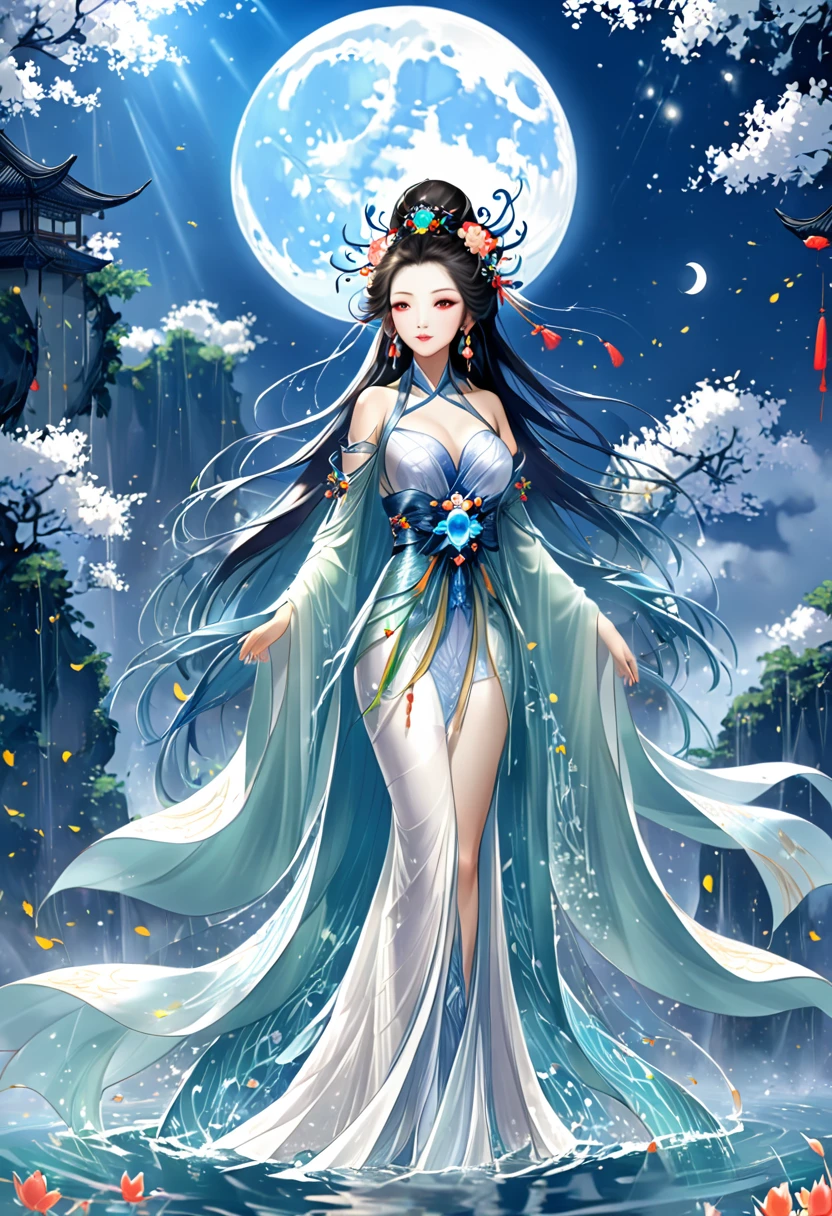 Anime girl in a white dress floating a boat in the water，Fantasy，Moon Goddess，Beautiful fantasy queen,  by Yang J, Chinese Fantasy，Beautiful girl，Sea Queen Mu Yanling，Moon Goddess，Moon Goddess，Flowing magic robe，Beautiful fairy wizard, by Leng Mei, ((a beautiful fantasy empress))