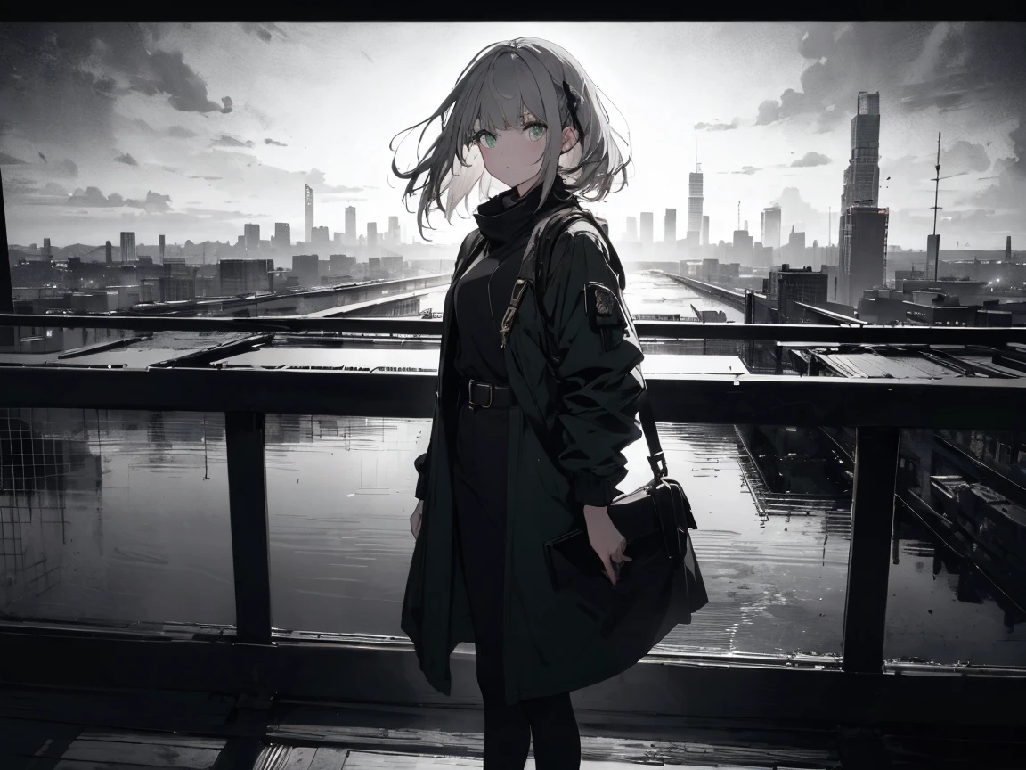 highest quality, High resolution, One Girl, alone, bangs, Faded tones, Monochrome, Cool girl, Long Bangs, hipster, Gray Hair, Full Body Shot, Monochrome, Detailed face, Beautiful Eyes, black, green, Large blurry background, Rooftop at dawn, Looking out over the fence、Cowboy Shot, masterpiece