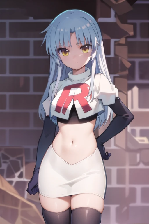 (((pixel-perfect, detail-perfect))), solo, 1girl, kanade tachibana, , looking at viewer, team rocket,team rocket uniform,white skirt,red letter R,crop top,black thigh-highs,black elbow gloves