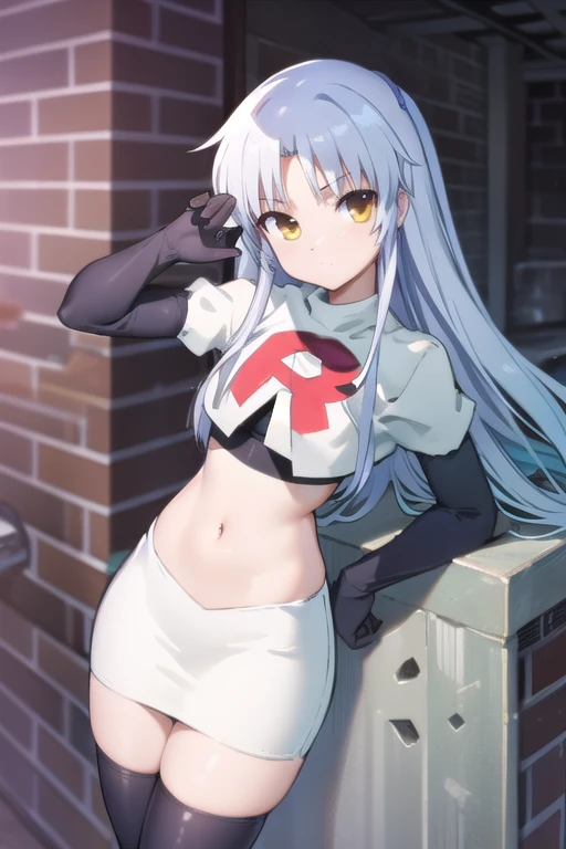 (((pixel-perfect, detail-perfect))), solo, 1girl, kanade tachibana, , looking at viewer, team rocket,team rocket uniform,white skirt,red letter R,crop top,black thigh-highs,black elbow gloves