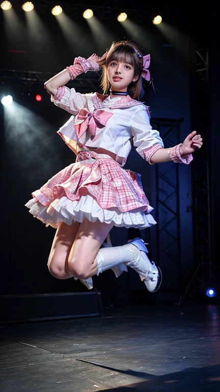 (realistic, photorealistic:1.4), (masterpiece, best quality:1.2), RAW photo, high resolution, intricate details, extremely detailed, (full body, looking at viewer:1.8), solo, 1girl, a Japanese female idol,  (idol costume, cyb skirt, cyb shirt, plaid skirt, idol, wrist cuffs, bow, sailor collar, frilled skirt, frills), straight hair, dark hair, fine-textured skin, pale skin, (detailed face, detailed eyes),, (She is jumping with knee up:1.5), on the stage, stage lighting, stage spotlight, audience, detailed background, photo background, concert venues, low angle，
