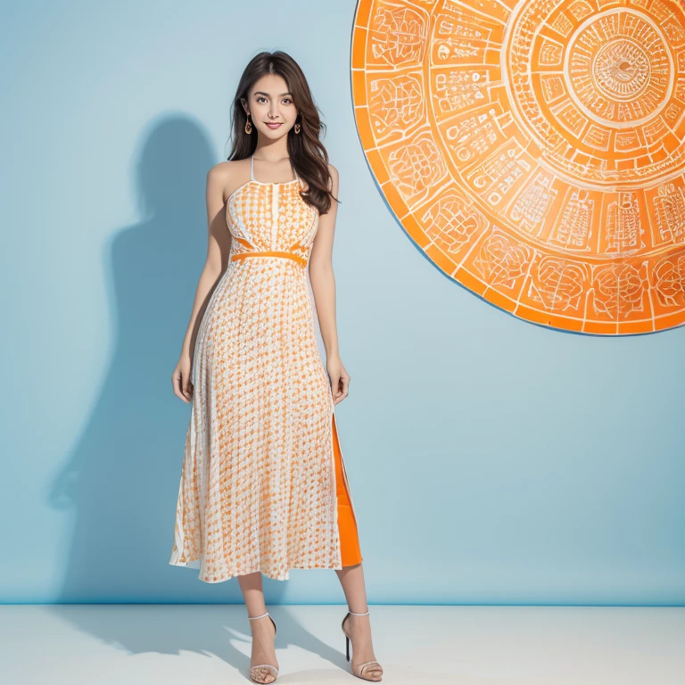 Master piece, top-quality, masterpiece, high resolution, Raw photography, 8k wallpaper, Beautiful face, flawless, ((1girl in)), 20yr old, Female sexy, full body, standing, smile to viewer, ((Fancy orange and white geometric printed dress)), high-heels, ((Look at viewers)), (((blue empty color background)))