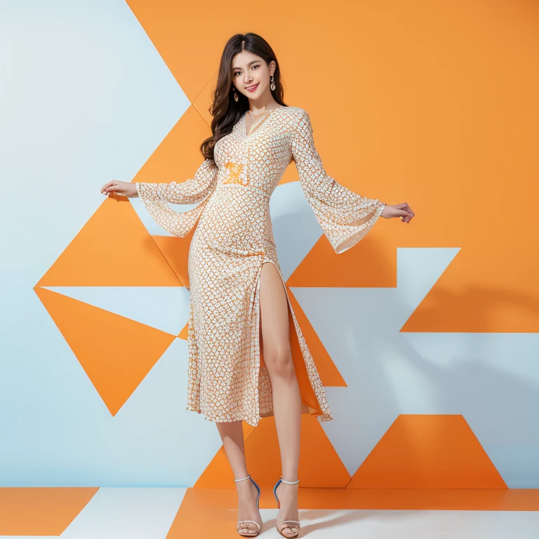 Master piece, top-quality, masterpiece, high resolution, Raw photography, 8k wallpaper, Beautiful face, flawless, ((1girl in)), 20yr old, Female sexy, full body, standing, smile to viewer, ((Fancy orange and white geometric printed dress)), high-heels, ((Look at viewers)), (((blue empty color background)))