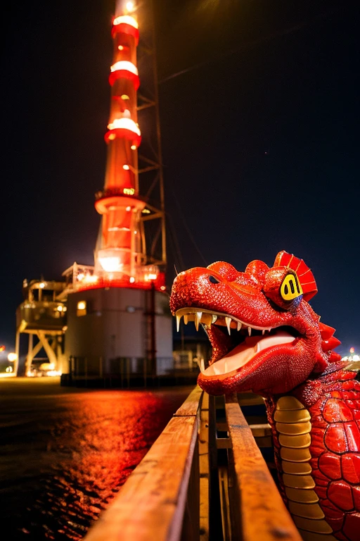 Oil field drilling site。Partying red crocodile。Real。