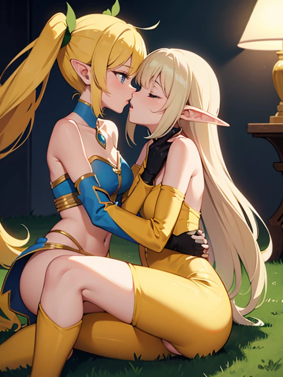 Elf, , Pointed ears, bangs on both sides, blonde, , yellow suit, tight spandex, no underwear, Yuri, cute kiss, 2 girls, 