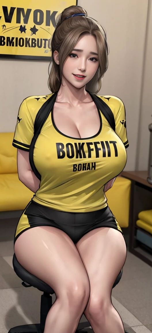 1girl,masterpiece,beautiful,realistic,(super huge fake breast:1.1),wearing a ( Borussia Dortmund soccer sport wear) wear, located by the Livingroom, (W cup Breast),sitting on the chair,photoshoot,plain background random color,facing forward,looking at the audience,plain random color walls,smiling,sit up straight,behind the girl there is nothing,