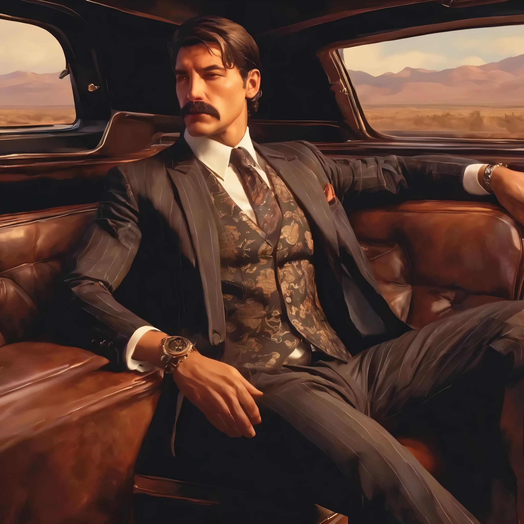 (obra maestra, Mejor calidad:1.2), 1 chico, solo, thenahualli, inside a limousine, serious, dangerous man, elegant, elegante, wearing a suit, vest, sit