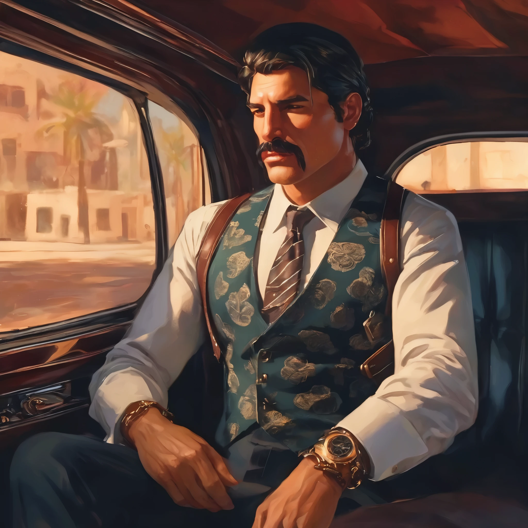 (obra maestra, Mejor calidad:1.2), 1 chico, solo, thenahualli, inside a limousine, serious, dangerous man, elegant, elegante, wearing a suit, vest, sit