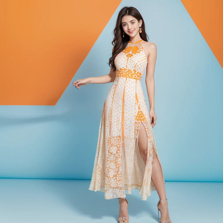 Master piece, top-quality, masterpiece, high resolution, Raw photography, 8k wallpaper, Beautiful face, flawless, ((1girl in)), 20yr old, Female sexy, full body, standing, smile to viewer, ((Fancy orange and white geometric printed dress)), high-heels, ((Look at viewers)), (((blue empty color background)))