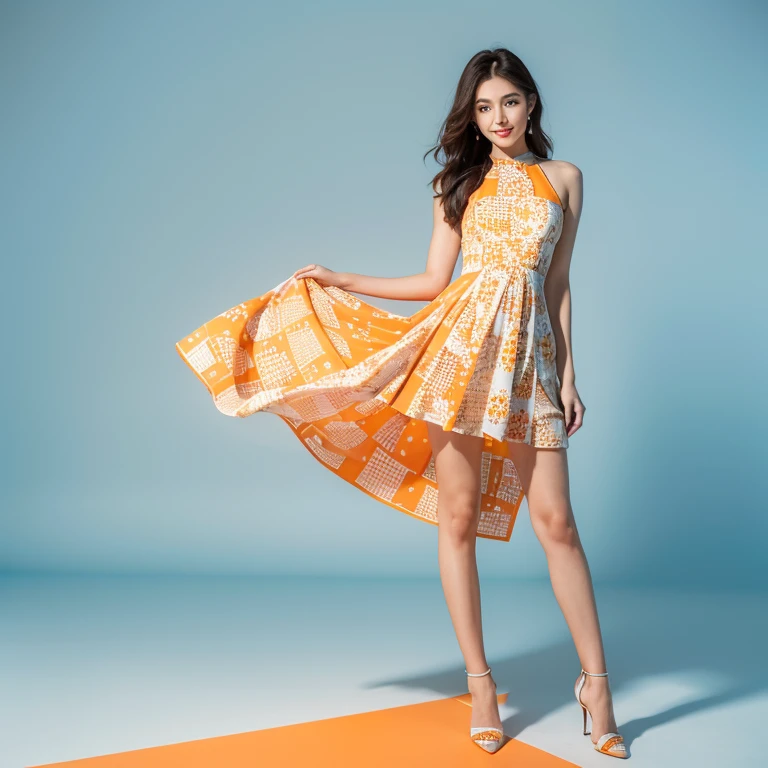 Master piece, top-quality, masterpiece, high resolution, Raw photography, 8k wallpaper, Beautiful face, flawless, ((1girl in)), 20yr old, Female sexy, full body, standing, smile to viewer, ((Fancy orange and white geometric printed dress)), high-heels, ((Look at viewers)), (((blue empty color background)))