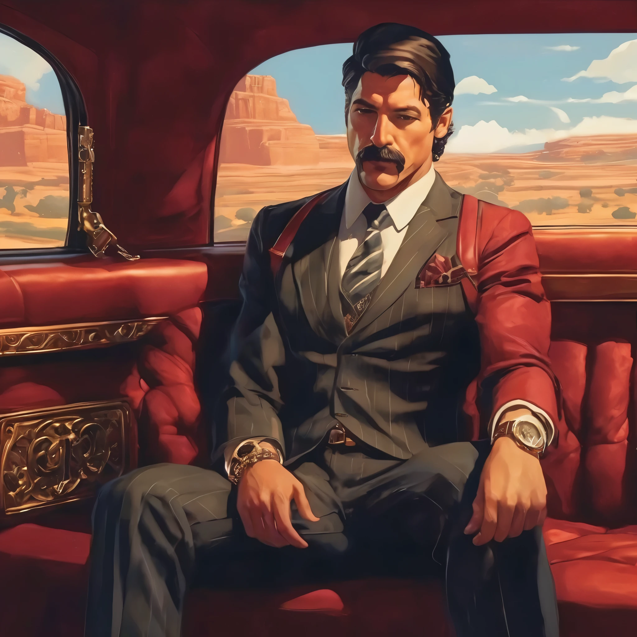 (obra maestra, Mejor calidad:1.2), 1 chico, solo, thenahualli, inside a limousine, serious, dangerous man, elegant, elegante, wearing a suit, vest, sit